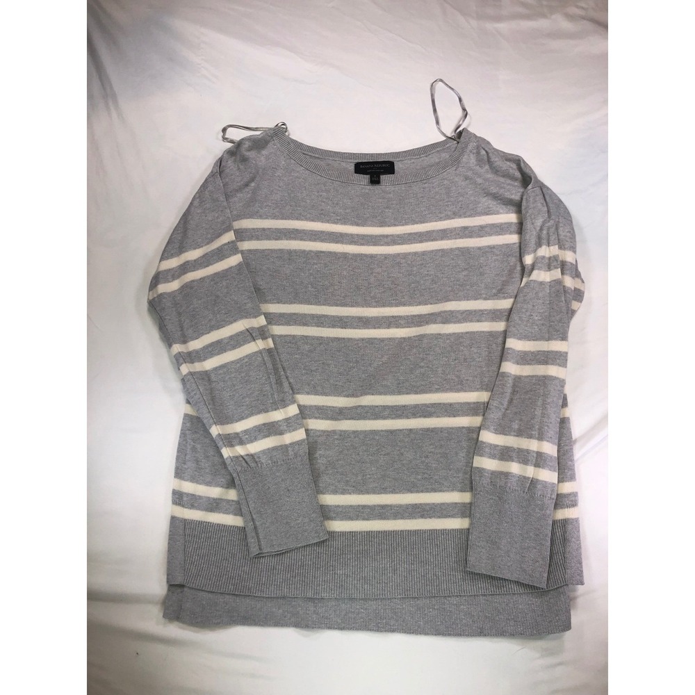Banana Republic Forever Sweater Womens Small Gray White Striped Boat Neck Cotton